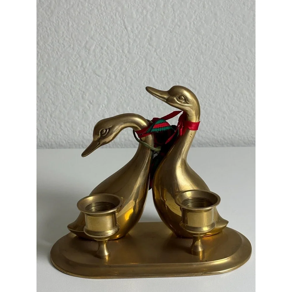 Vintage Brass Swan Candle Holder Double Bird Christmas